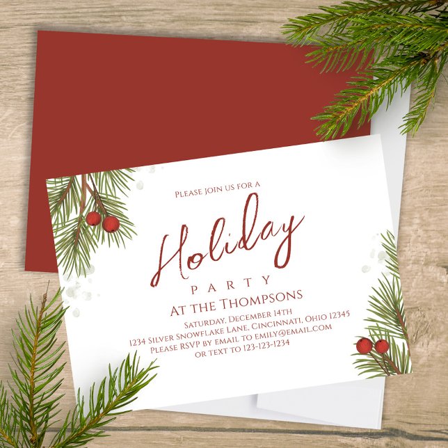 Convites Caligrafia Simples Feriada - Manuscrito Greenery B (Elegant silver and pine branches greenery holiday Christmas party invitation. )
