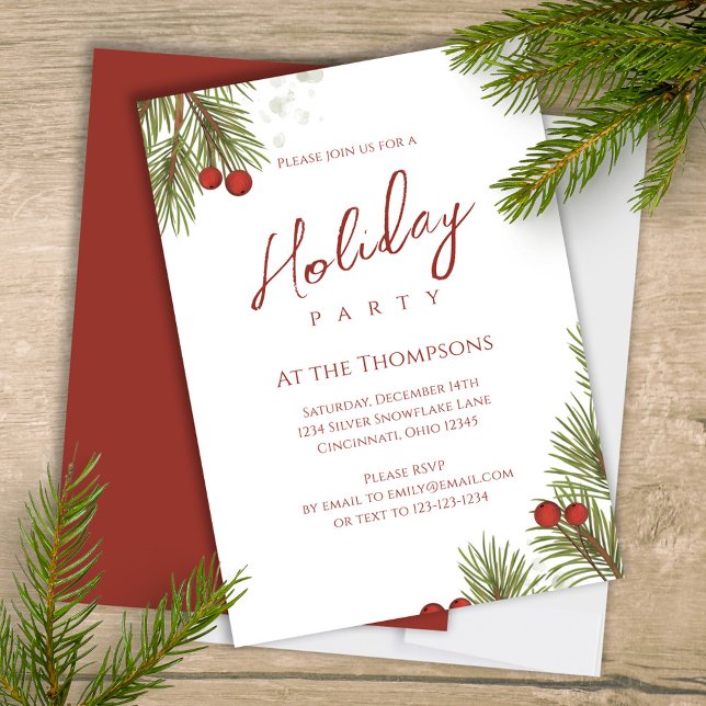 Convites Caligrafia Simples Feriada - Manuscrito Greenery B (Elegant silver and pine branches greenery holiday Christmas party invitation. )