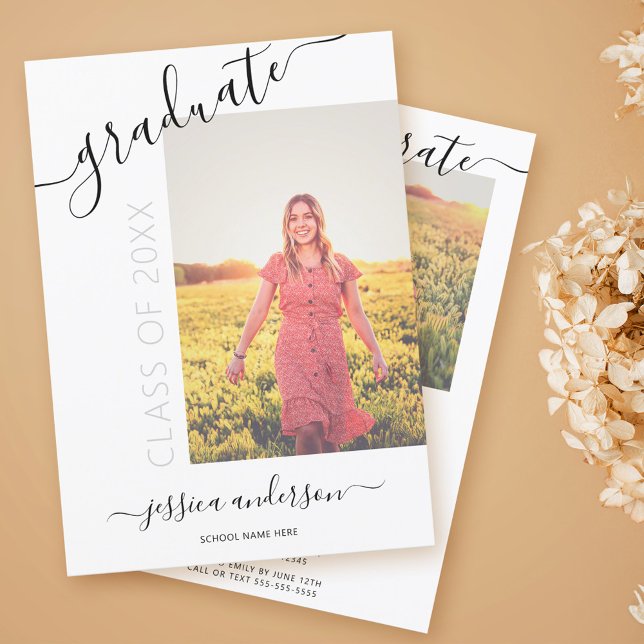 Convites Caligrafia Simples Graduação Preta Branca 2 Foto (Criador carregado)