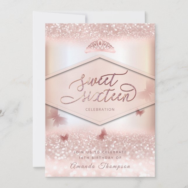 Convites caligrafia tiara da borboleta dourada-rosa (Frente)