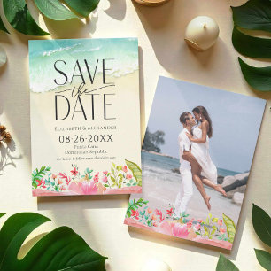 Convites Caligrafia tropical Beach Floral Salva a Data