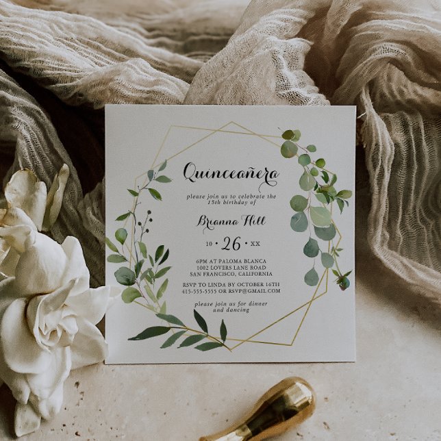 Convites Caligrafia tropical Dourada geométrica Quinceañera (Criador carregado)