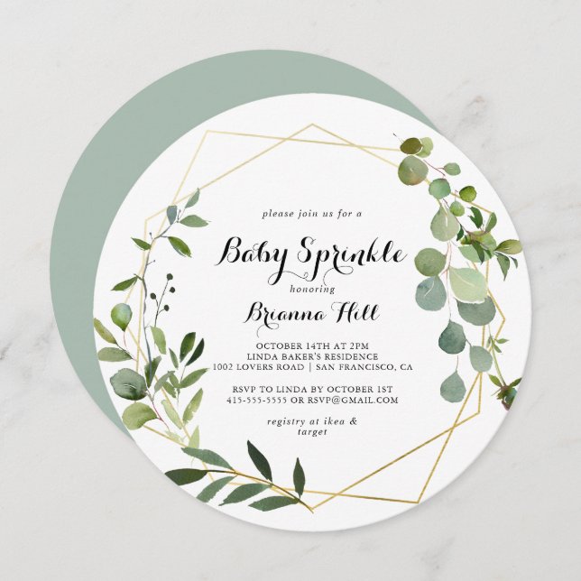Convites Caligrafia Tropical Geométrica Dourada, Bebê Sprin (Frente/Verso)