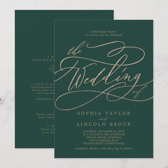 Convites Caligrafia Verde Romântica Em Um Único Casamento (Frente/Verso)