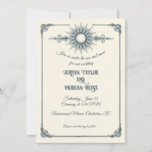 Caligrafia Vintage Blue Sun Weding Invitation