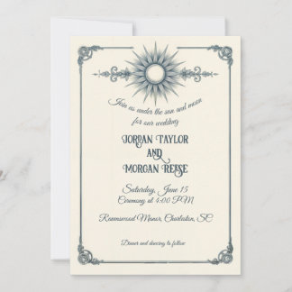 Convites Caligrafia Vintage Blue Sun Weding Invitation