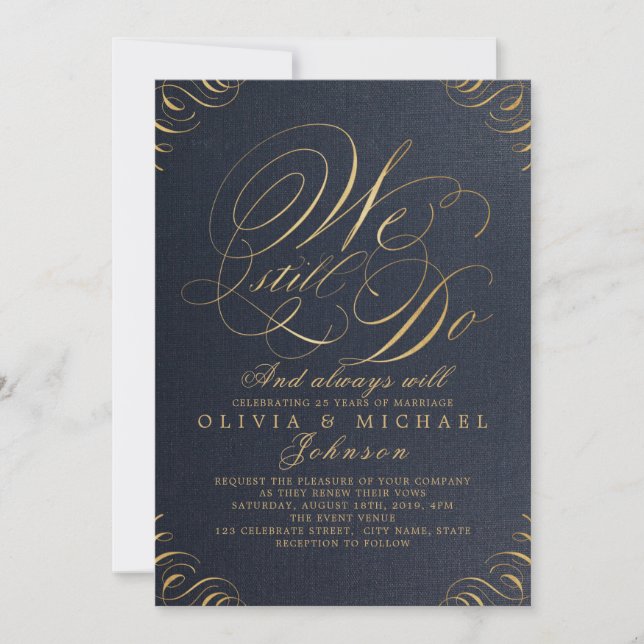 Convites Caligrafia vintage elegante marinho AINDA FAZEMOS (Frente)