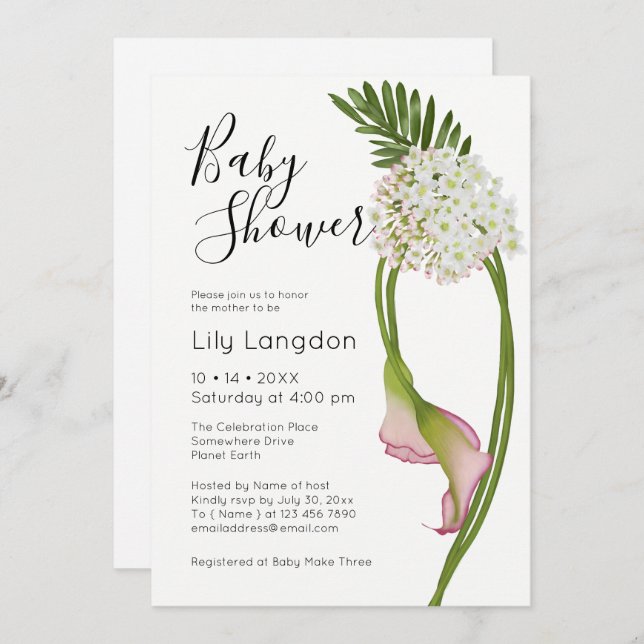 Convites Calla Rosa Lírios Elegante e Floral Moderno | Bran (Frente/Verso)