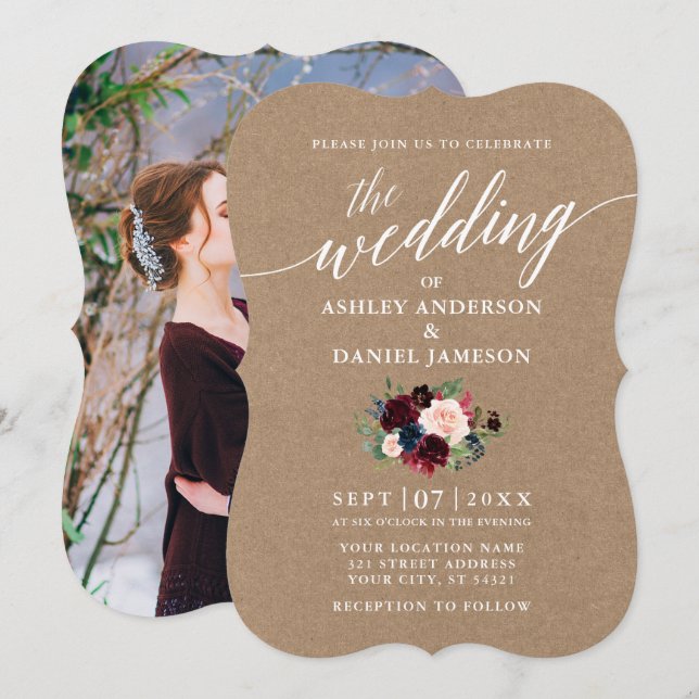 Convites Calligrafia Burgundy Blue Floral Kraft Foto (Frente/Verso)