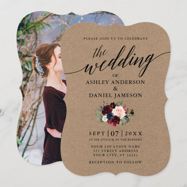 Convites Calligrafia Burgundy Blue Floral Photo Kraft (Frente/Verso)