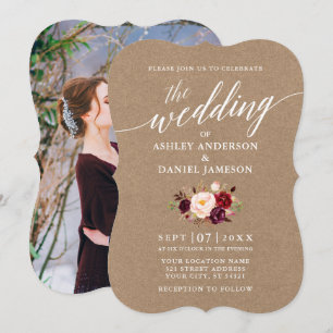 Convites Calligrafia Burgundy Floral Wedding Kraft Foto