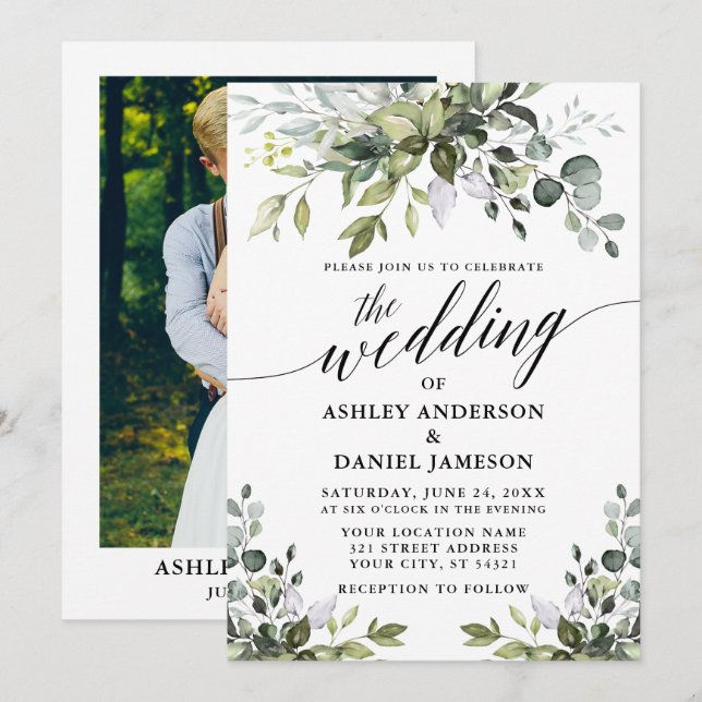 Convites Calligrafia Watercolor Foto Greenery Casamento (Frente/Verso)