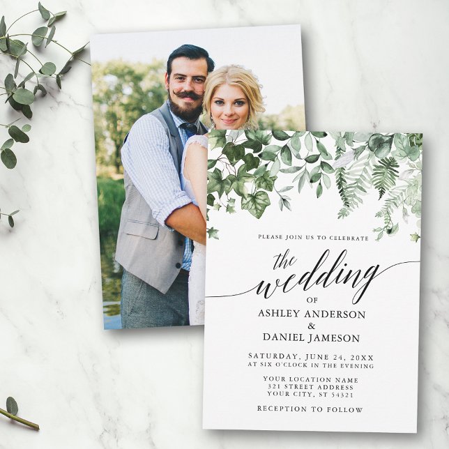 Convites Calligrafia Wedding Ivy Sage Greenery Foto (Customize to change your personalized text size or style.)