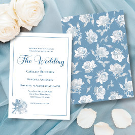 Convites Calligraphy Line Art Dusty Blue Floral Wedding