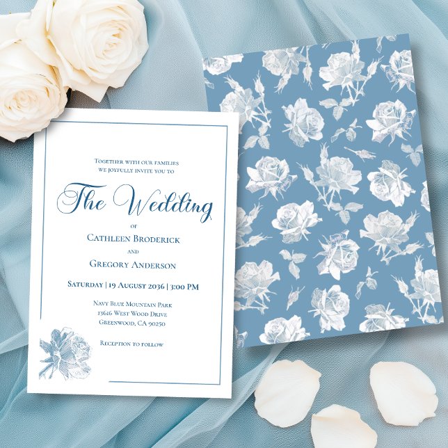 Convites Calligraphy Line Art Dusty Blue Floral Wedding (Criador carregado)