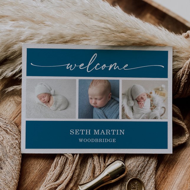 Convites Calligraphy Photo Collage Baby Announcement Card (Criador carregado)