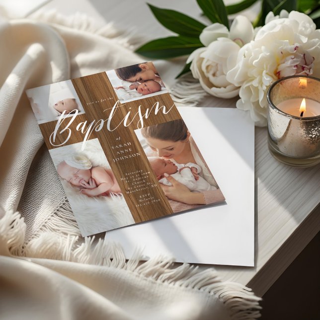 Convites Calligraphy Photo Collage Baby Baptism Wood Cross  (Calligraphy Photo Collage Baby Baptism Wood Cross Invitation)