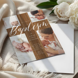Convites Calligraphy Photo Collage Baby Baptism Wood Cross