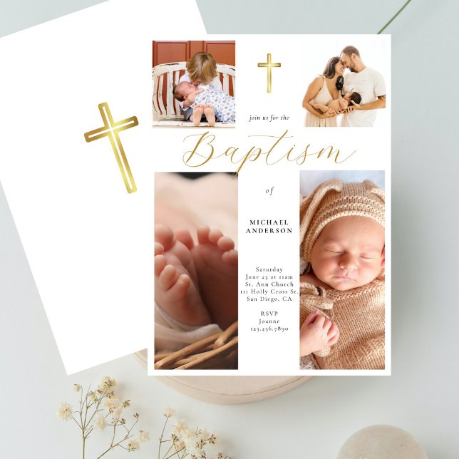 Convites Calligraphy Photo Collage Gold Cross Baby Baptism (Criador carregado)