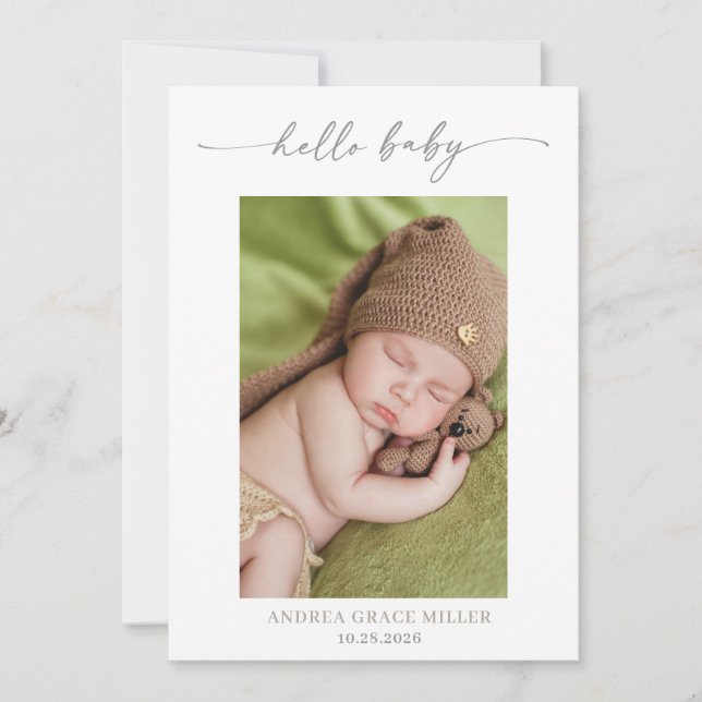 Convites Calligraphy Photo Hello Baby Announcement Card (Frente)