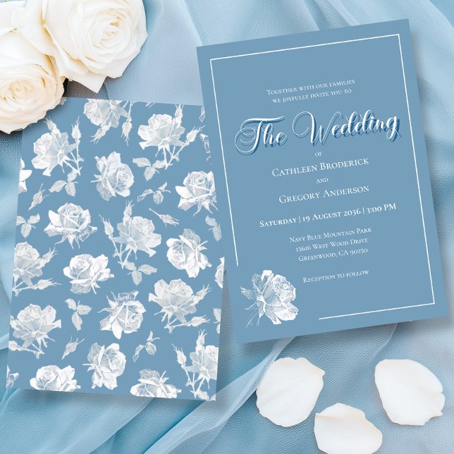 Convites Calligraphy Script Dusty Blue White Floral Wedding (Criador carregado)