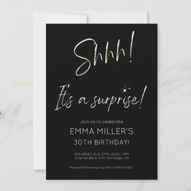 Convites Calligraphy Surprise Birthday Minimalist (Frente)