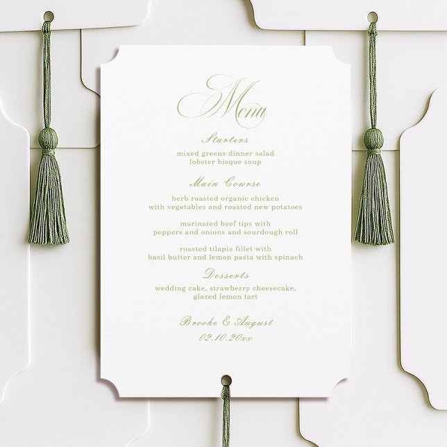 Convites Calligraphy White and Sage Green Wedding Menu Card (Criador carregado)