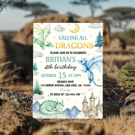 Convites Calling All Dragon Cute Boy Birthday Watercolor