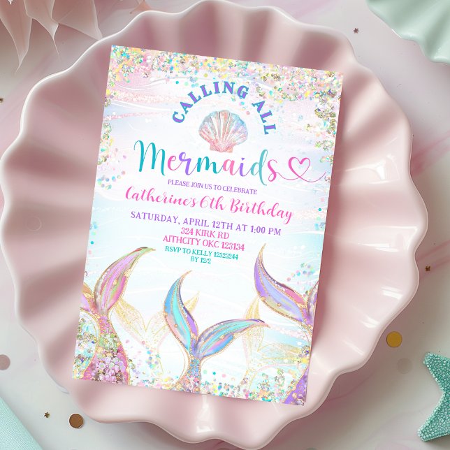 Convites Calling All Mermaids Girl Birthday Invitation. (Criador carregado)