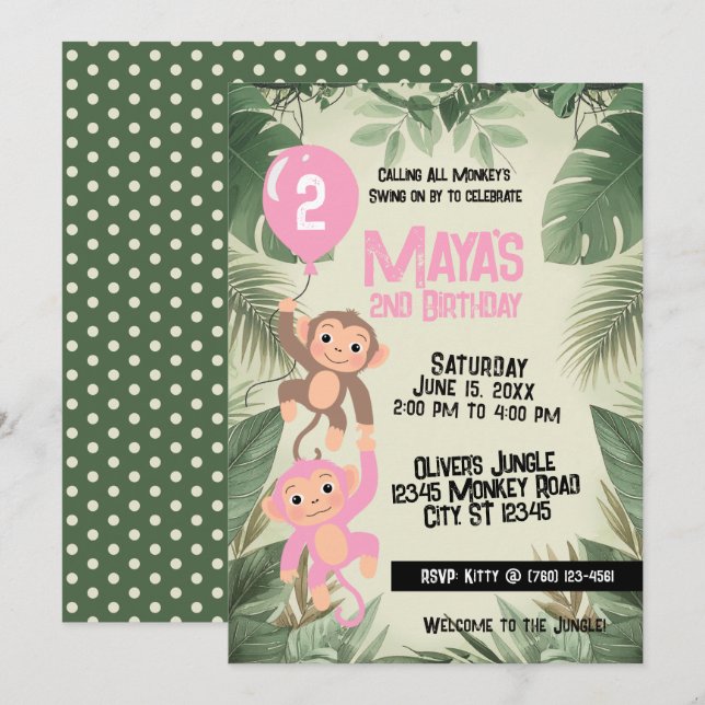 Convites Calling All Monkeys 2nd Birthday Invitation (pink) (Frente/Verso)