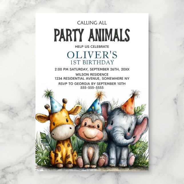 Convites Calling All Party Animals 1st Birthday Party (Criador carregado)