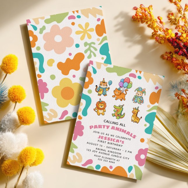 Convites Calling All Party Animals Floral Kids 1st Birthday (Criador carregado)