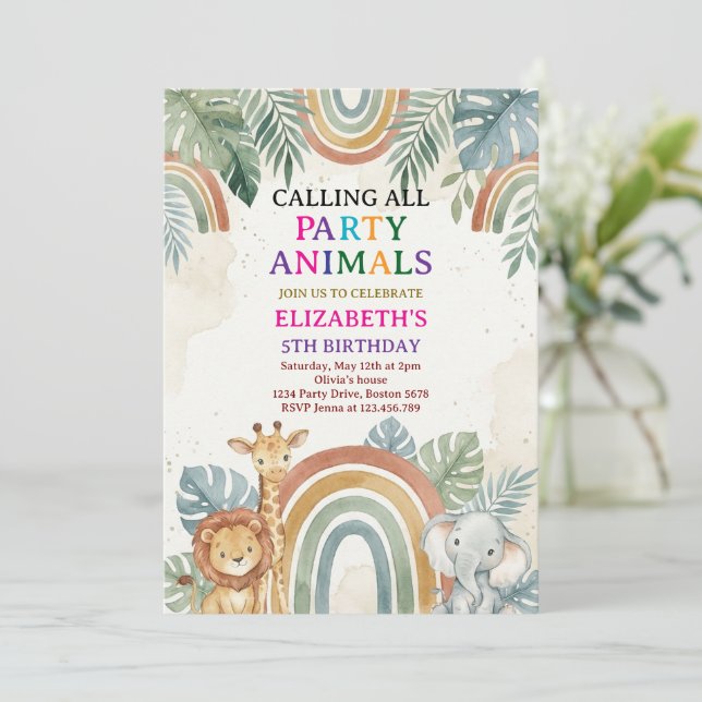 Convites Calling All Party Animals Safari Zoo Birthday (Em pé/Frente)