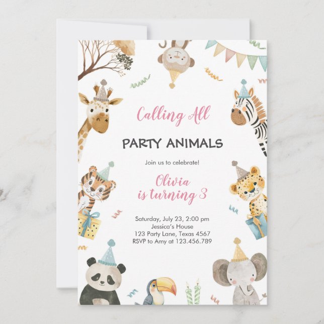 Convites Calling All Party Animals Safari Zoo Birthday (Frente)