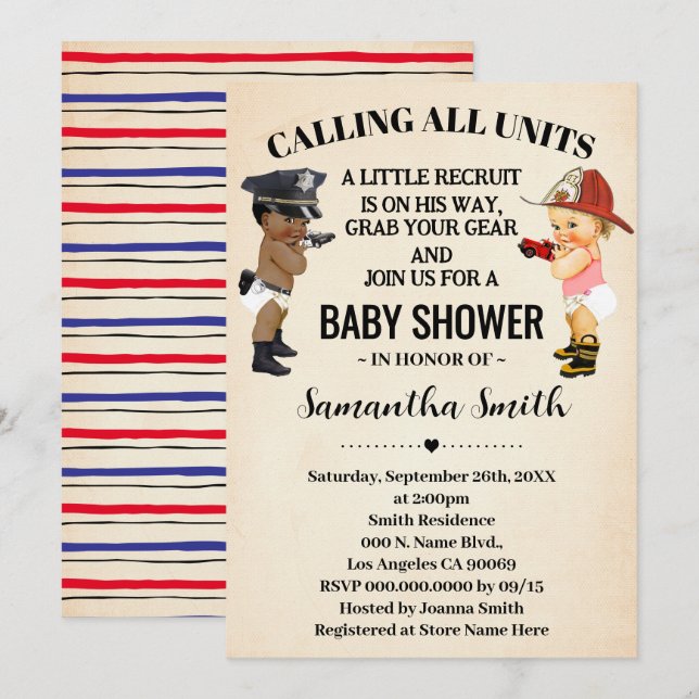 Convites Calling All Units Police Firefighter Baby Shower (Frente/Verso)