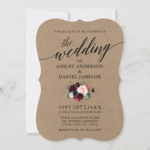 Calliografia Burgundy Blue Floral Kraft Casamento