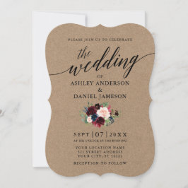 Convites Calliografia Burgundy Blue Floral Kraft Casamento