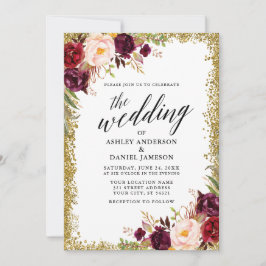 Convites Calliografia Burgundy Dourada Floral Casamento com