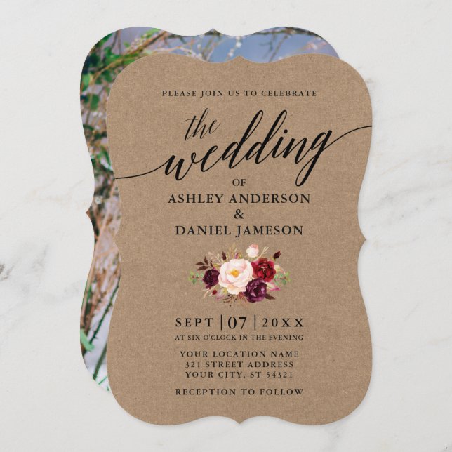 Convites Calliografia Burgundy Foto Floral Kraft Casamento (Frente/Verso)