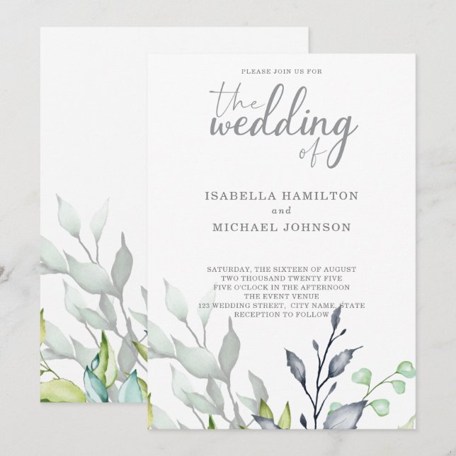 Convites Calliografia: Casamento Botânico elegante (Frente/Verso)