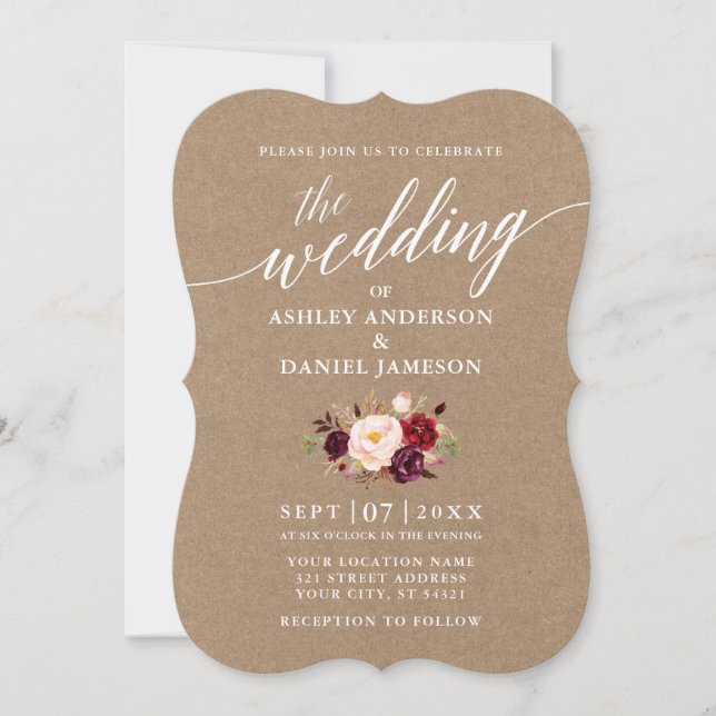 Convites Calliografia Script Burgundy Floral Wedding Kraft (Frente)