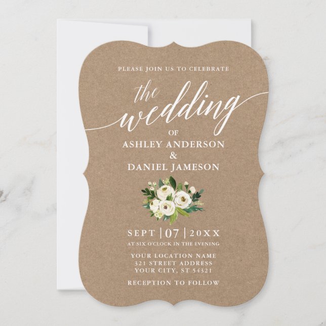 Convites Calliografia Script Green Floral Wedding Kraft (Frente)