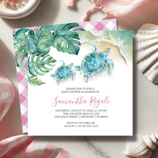 Convites Cama de Bebês Cócitos Invoca Aquarela Tropical (Girl baby shower invitations for sip and see features tropical sea turtle art Victoria Grigaliunas)