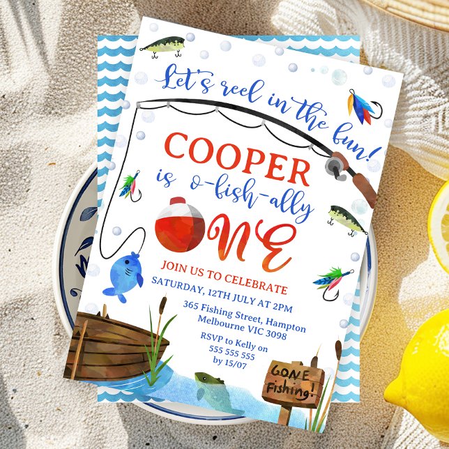 Convites Camada de O-peixe-azul Um primeiro aniversario (Editable Ofishally One 1st Birthday Invitation, Editable Bauble One Fishing, Fishing Themed Invite)