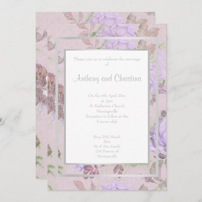 CONVITES CAMADA ROXA LILÁS ROSA FLORAL ELEGANTE CASAMENTO (Frente/Verso)