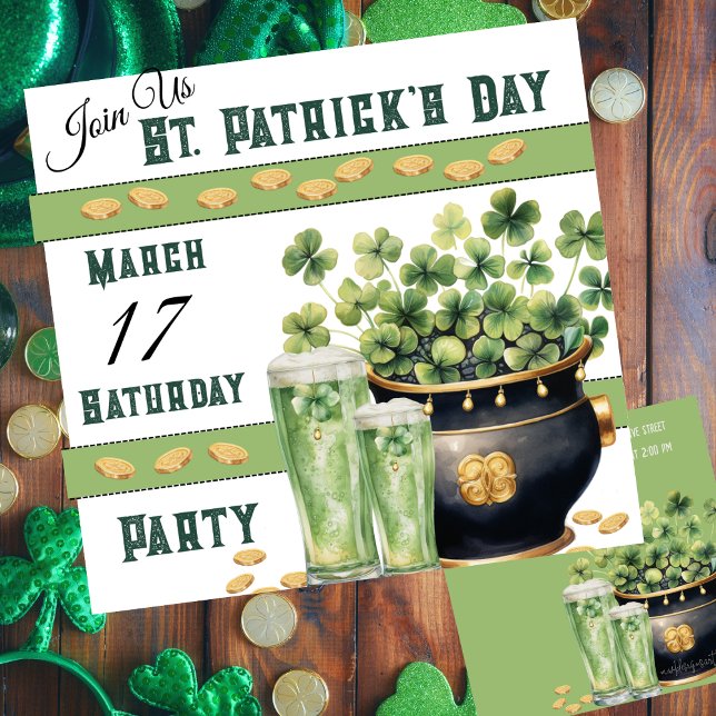 Convites Camarões e Festa do Dia das Cerveja Verde (St Patrick's Day customizable party invitation with green beer and a pot of Irish gold. )