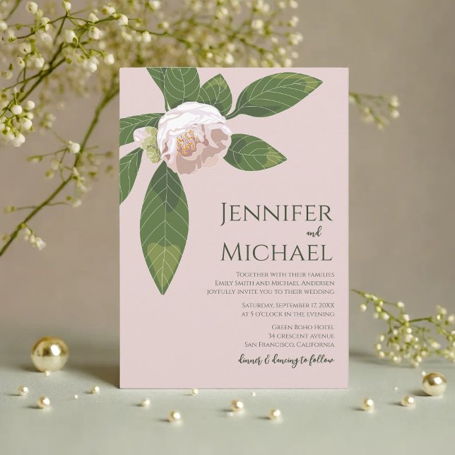 Convites Camellia e Greenery Casamento Elegante Simples (Camellia and Greenery Simple Elegant Wedding Invitation)
