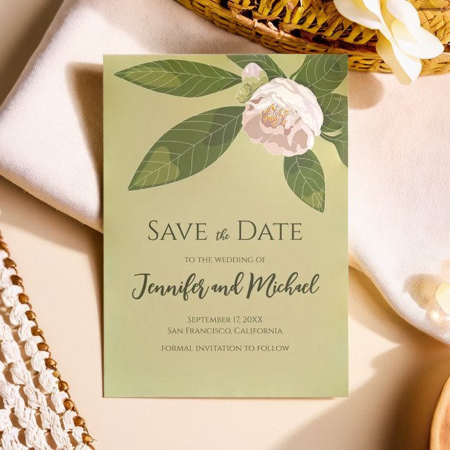 Convites Camellia e Greenery Simples Elegante Salvem a Data (Camellia and Greenery Simple Elegant Save the Date Invitation)