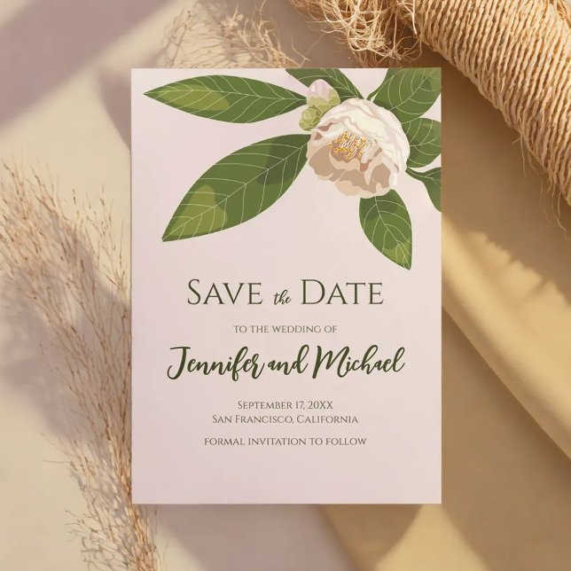 Convites Camellia e Greenery Simples Elegante Salvem a Data (Camellia and Greenery Simple Elegant Save the Date Invitation)