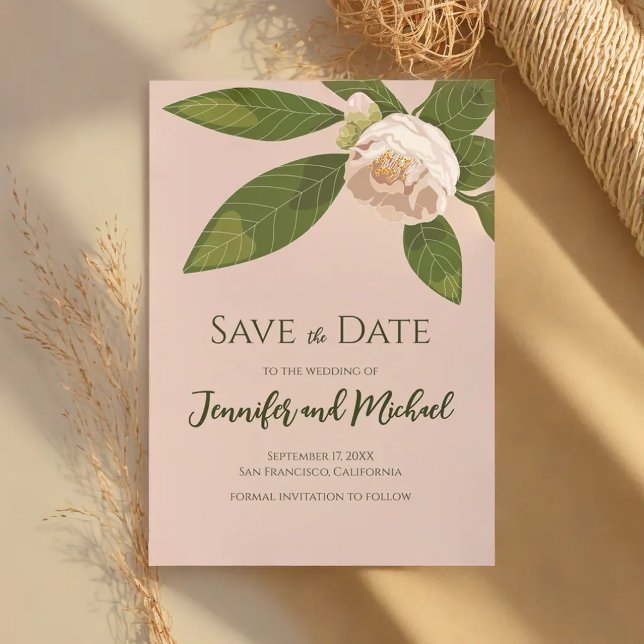 Convites Camellia e Greenery Simples Elegante Salvem a Data (Camellia and Greenery Simple Elegant Save the Date Invitation)